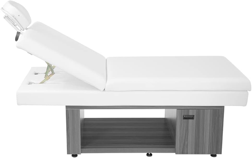 Vela Lash Bar adjustable spa bed for estheticians with white cushioning and wooden base