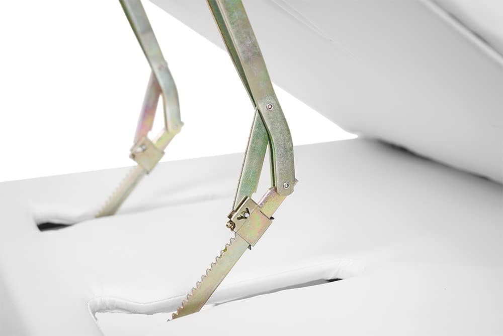 Close-up of metal hinges on the adjustable spa bed for estheticians at Vela Lash Bar