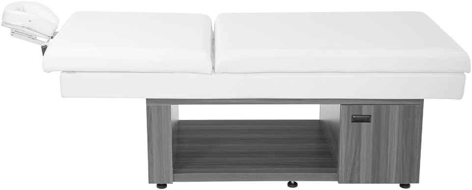 Vela Lash Bar adjustable spa bed for estheticians with white cushioned surface and wooden base