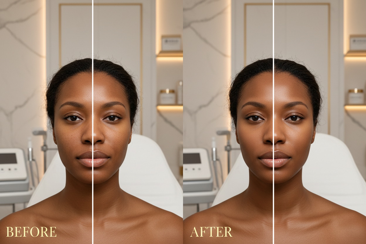 before and after photos of CrystalFrax PRO Non-Invasive Fractional RF /black woman/salon setting/luxury