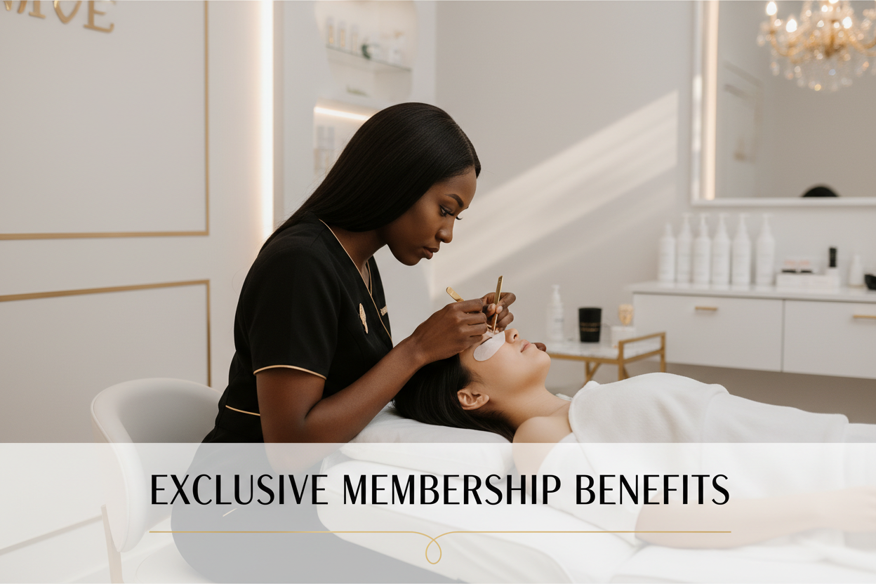 create a banner/lashes being serviced/black esthetician/asian client/sleek/modern/luxury/write in about memberships