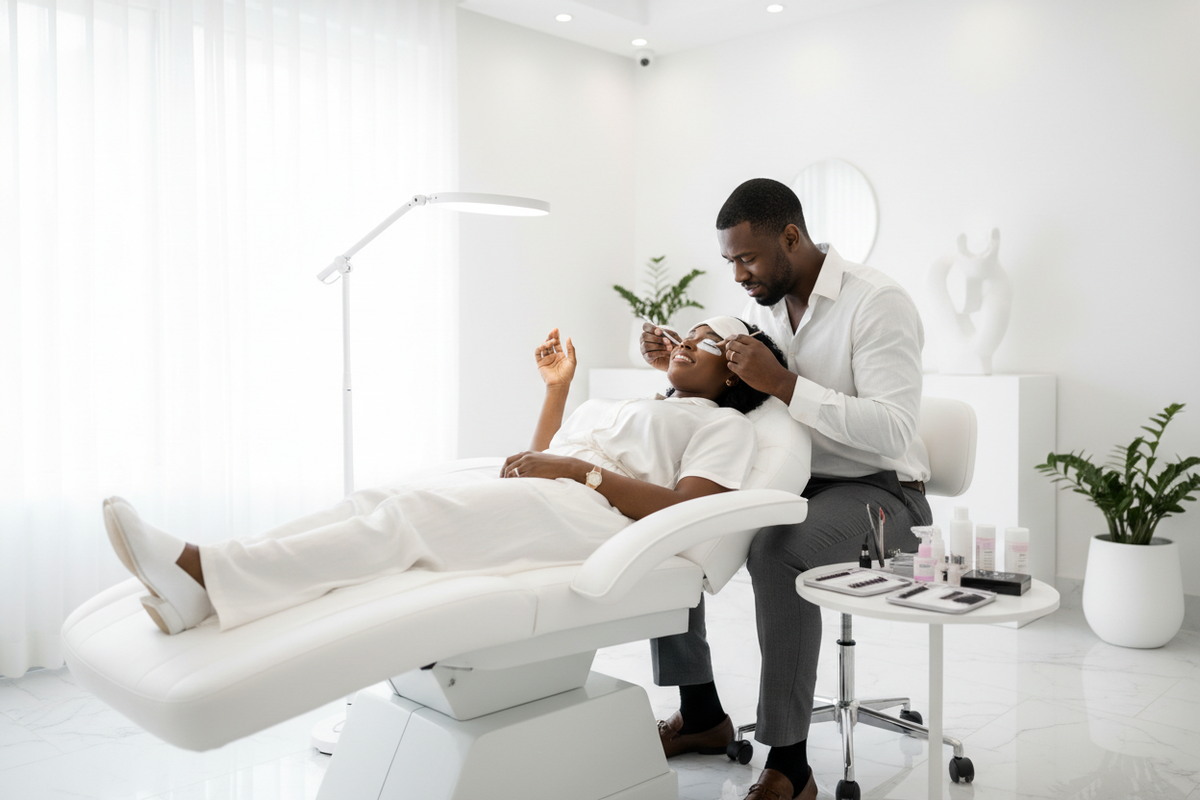 create a lash servicing appointment with a black woman and man, clean, professional, luxury, sleek,fun, white background