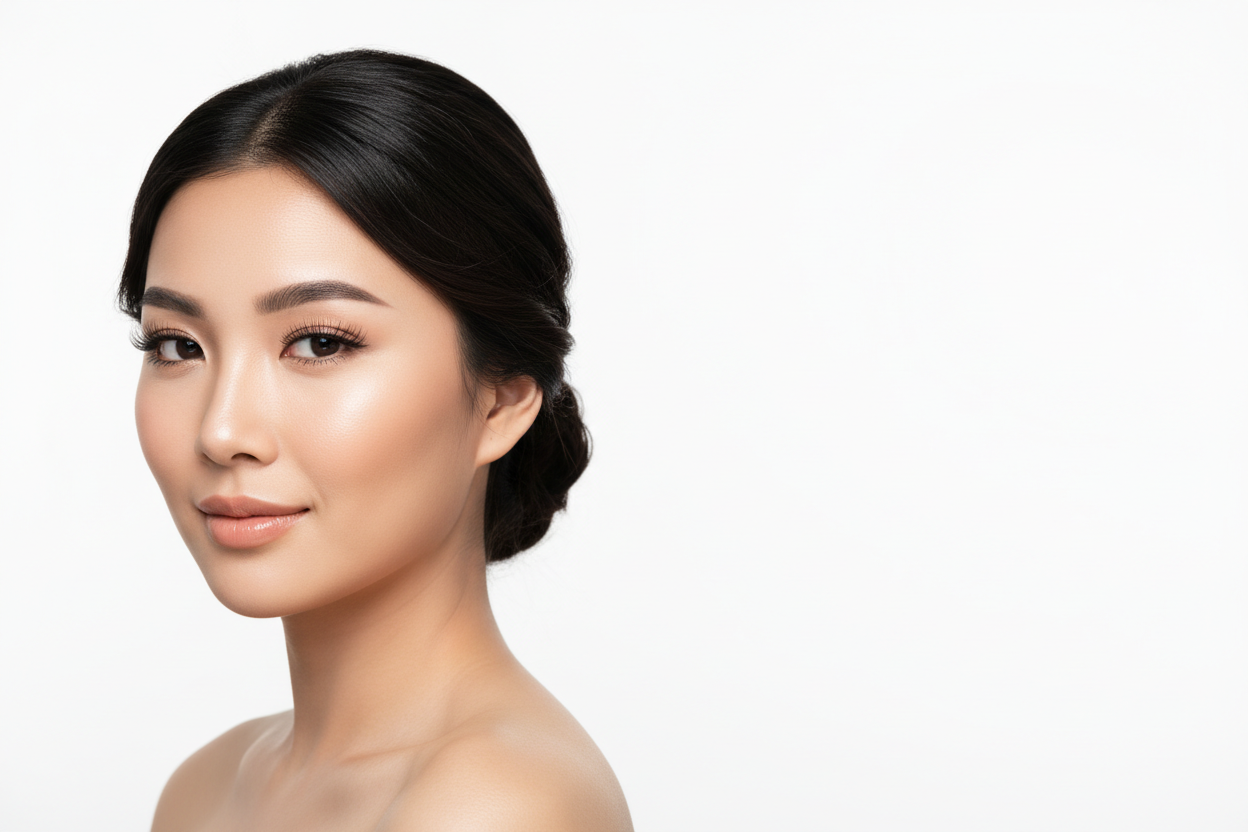 create image of asian woman on the left hand side with lashes and brows done/white background/luxury/sleek/minimal