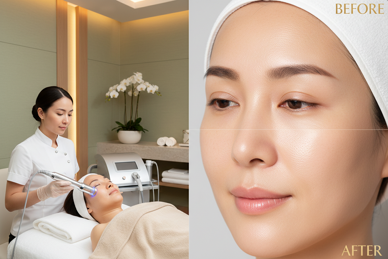 FrioLift Cold RF Contrast Skin Rejuvenation facial/show it being serviced/before and after/asian woman