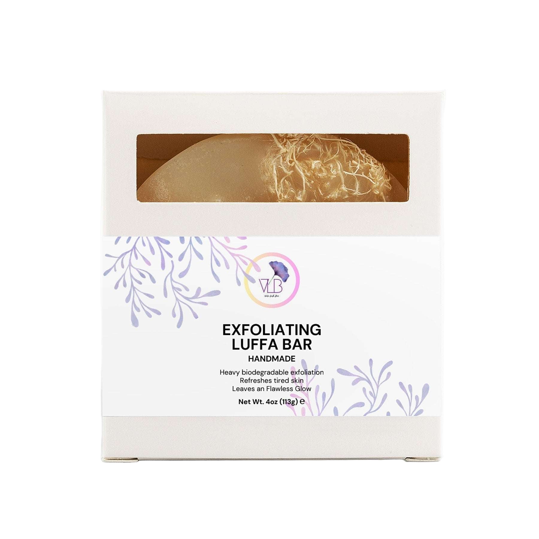 Vela Lash Bar handmade exfoliating soap with natural luffa bar for gentle skin exfoliation