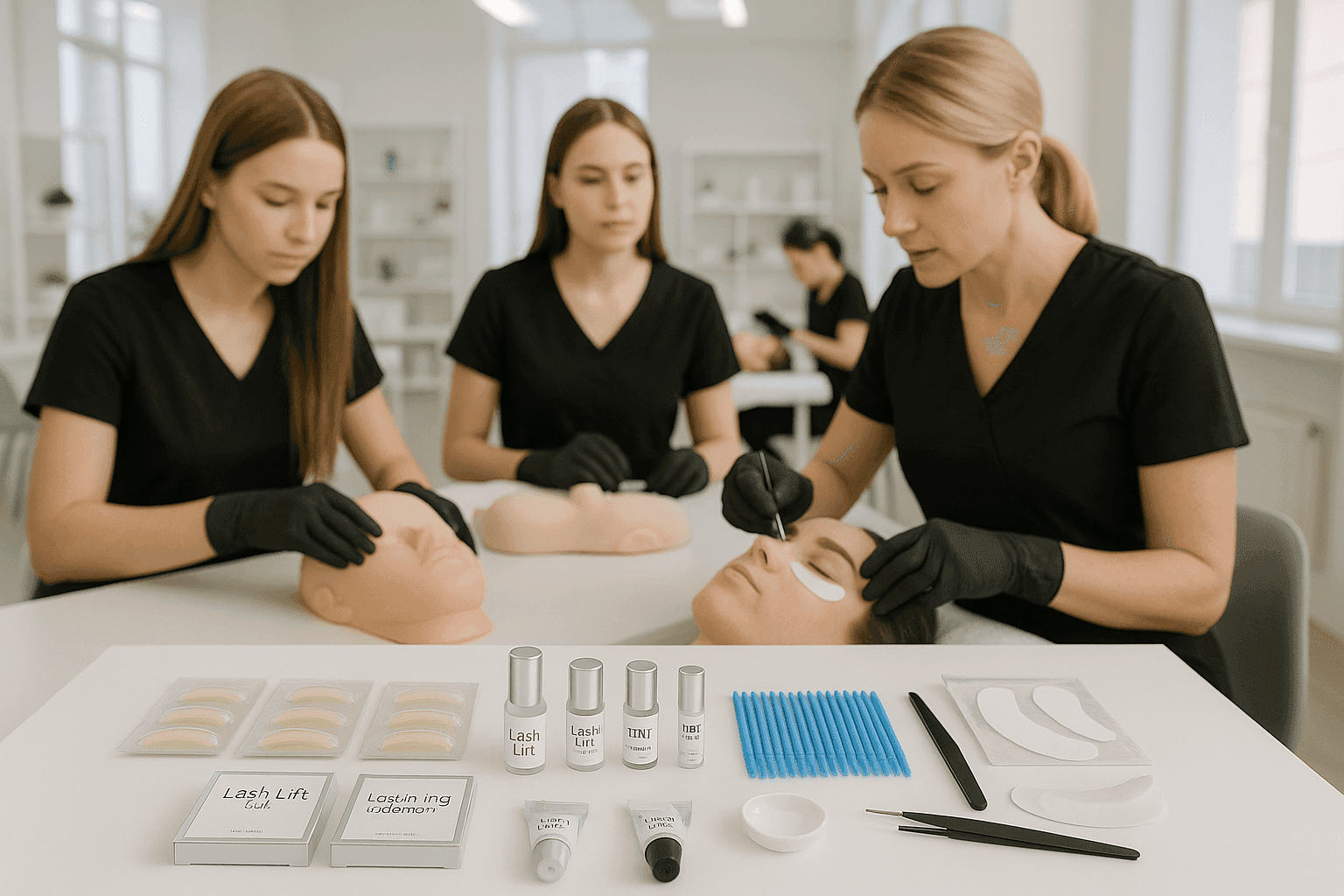 Training session for lash lift and tint certification course with students practicing on mannequin heads