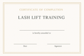 Certificate of Completion for lash lift and tint certification course with space for name and signature