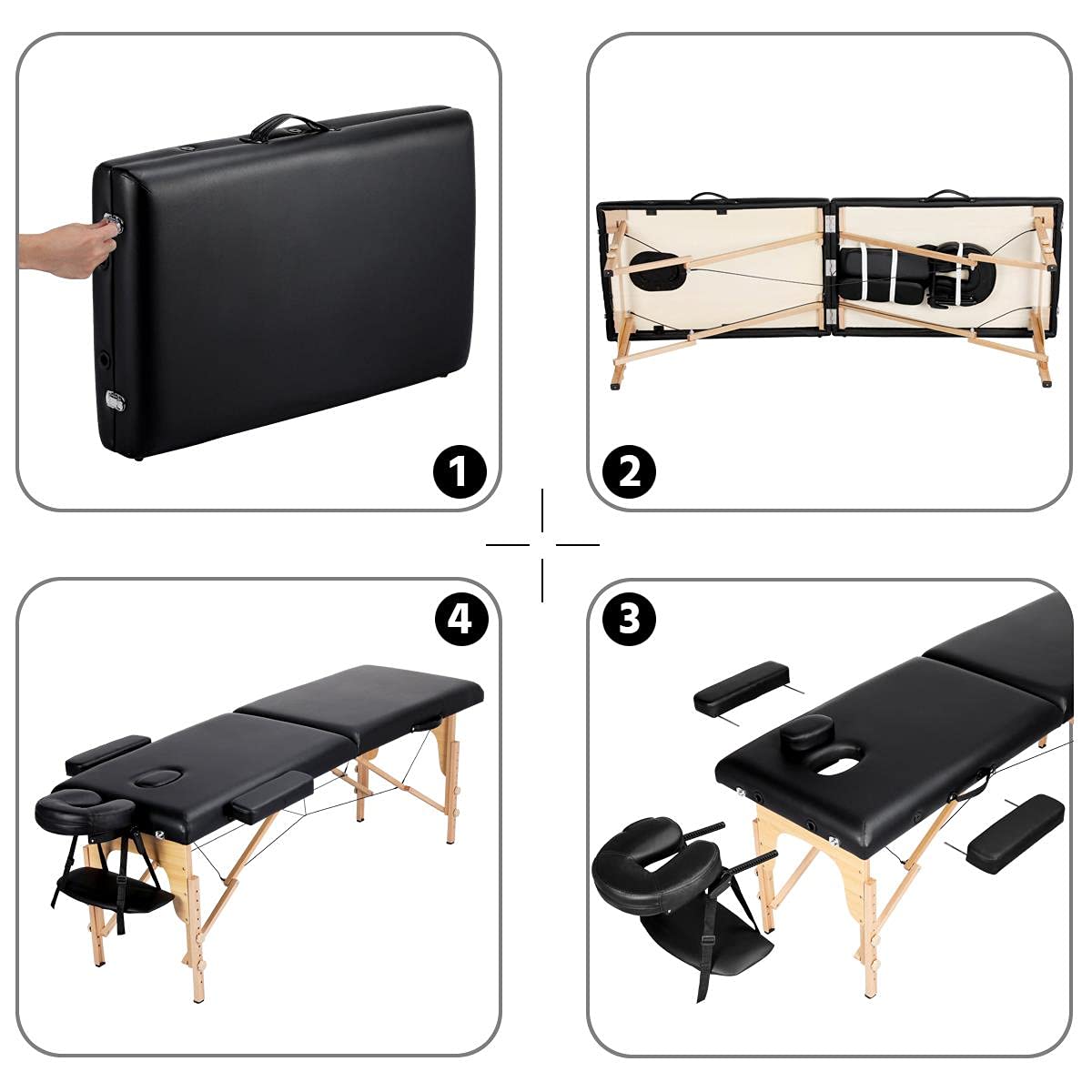 Portable professional lash artist table massage bed with foldable wooden legs and cushioned black surface