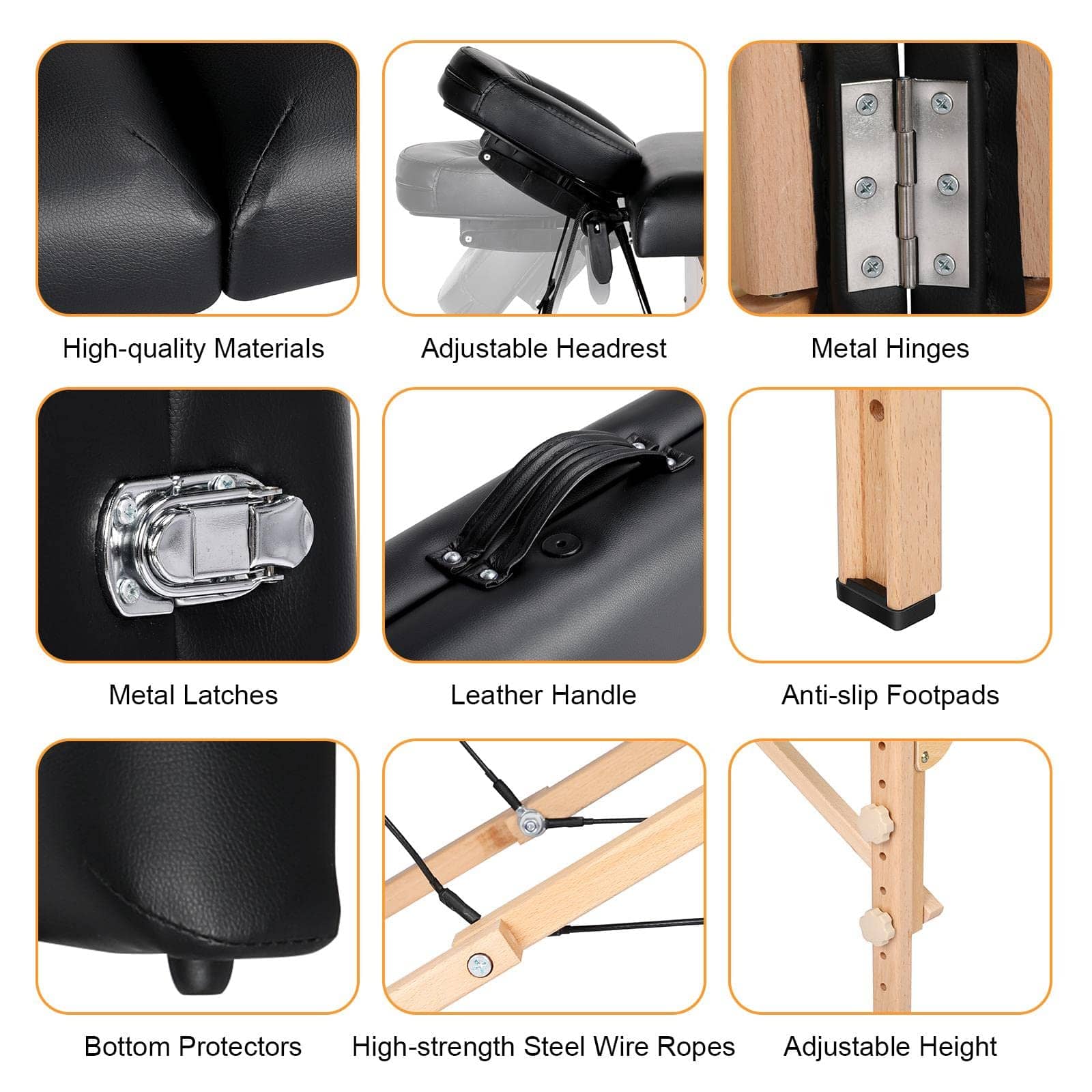 Features of professional lash artist table massage bed including adjustable headrest, leather handle, metal hinges, and adjustable height