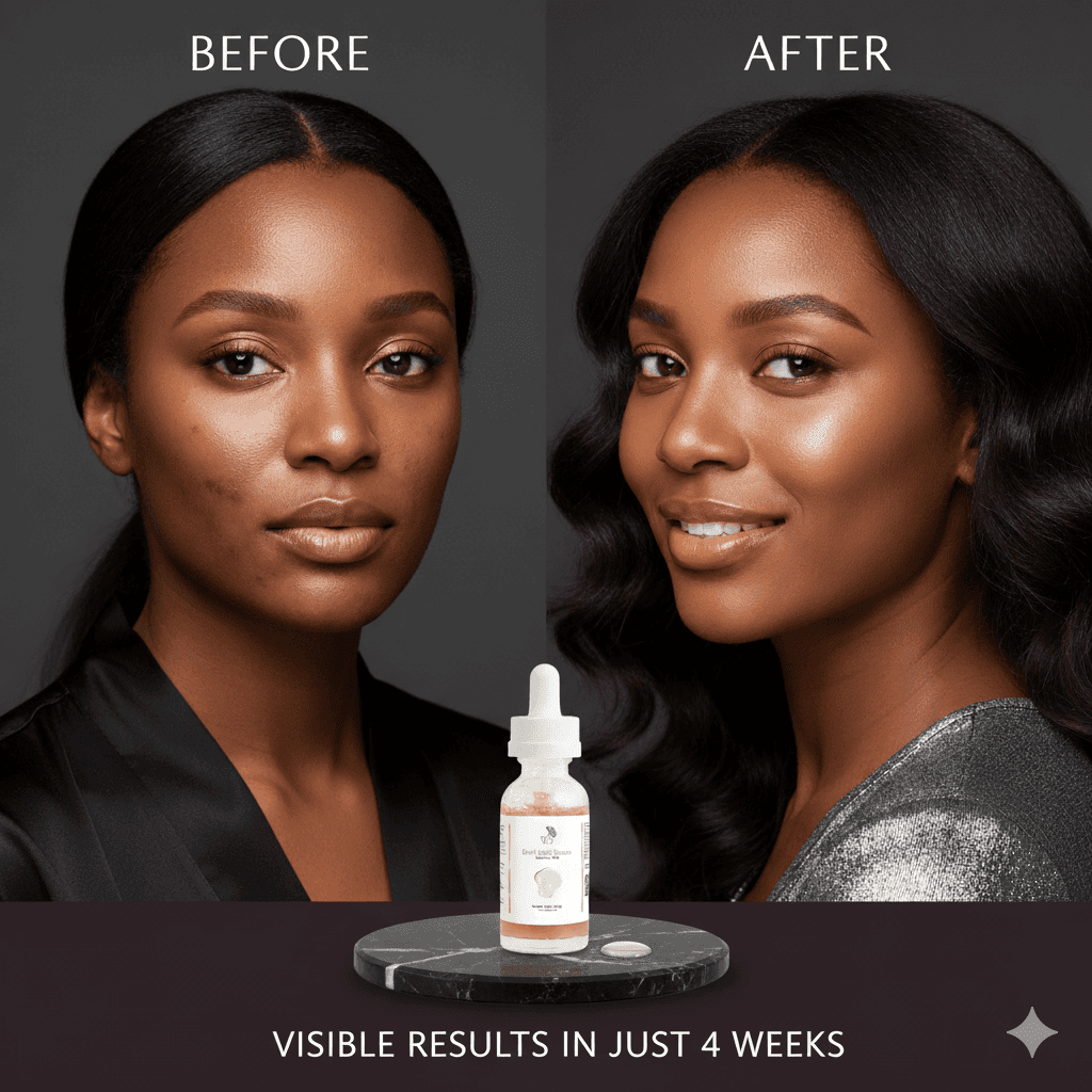 Vela Lash Bar dark spot serum for sensitive skin shown with before and after results in just four weeks