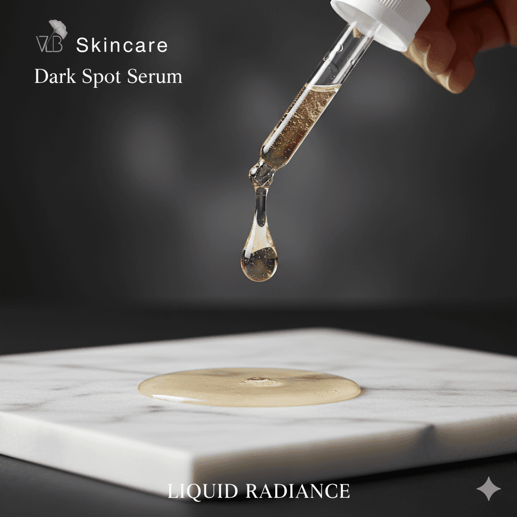 Vela Lash Bar Dark Spot Serum for sensitive skin in a dropper showcasing its texture on marble surface