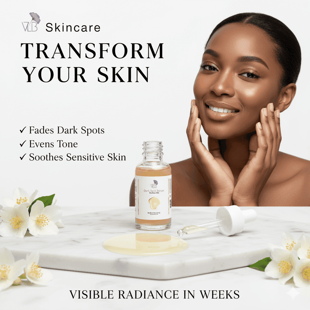 Vela Lash Bar dark spot serum for sensitive skin in a glass bottle with a model showing radiant skin