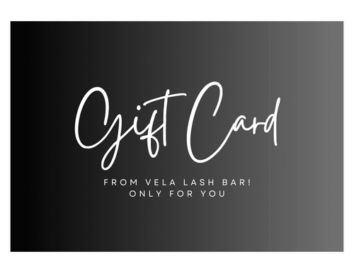 Vela Lash Bar beauty gift certificate black gradient gift card with white handwritten text