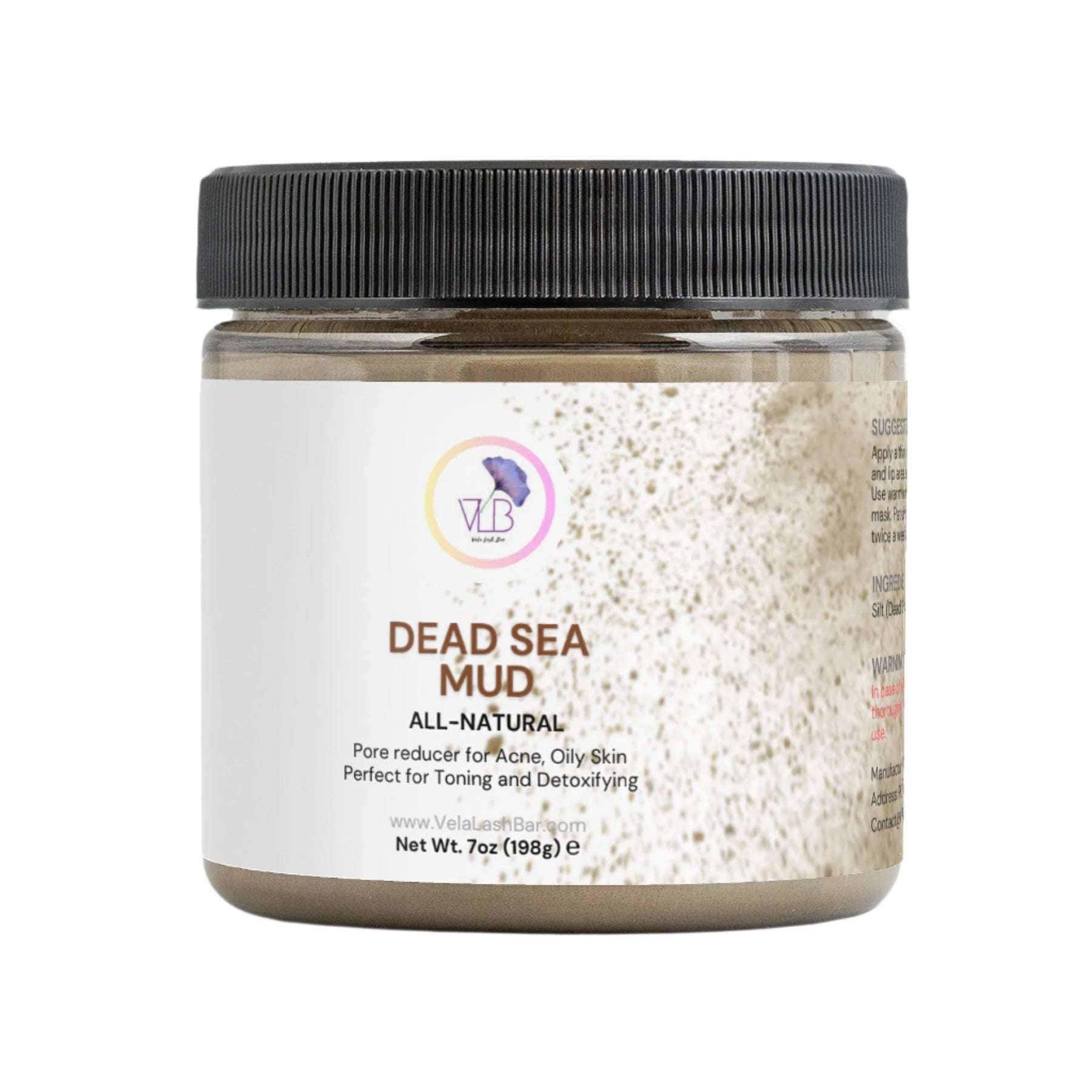 Vela Lash Bar jar of Dead Sea Mud for Acne all natural facial mask 7oz plastic jar with black lid