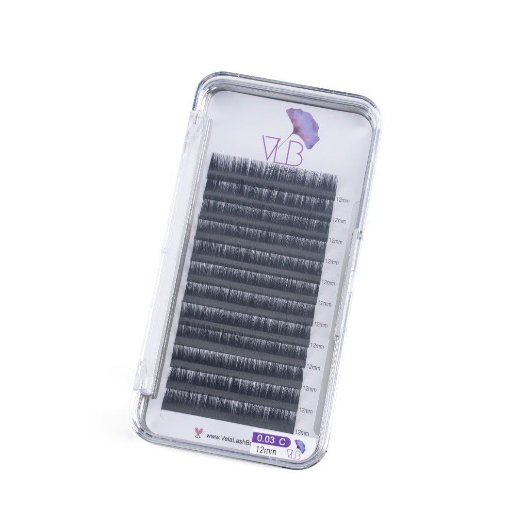 Vela Lash Bar C lash extensions tray with 0.03 thickness and 12mm length black synthetic lashes