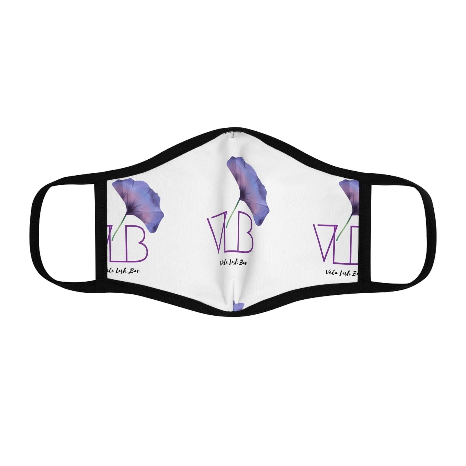 Vela Lash Bar comfortable face mask for beauty with purple floral design and black ear loops