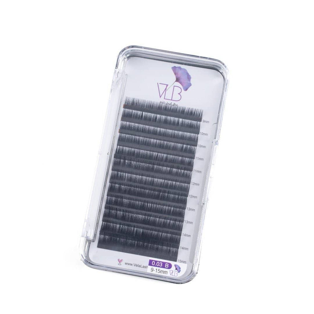 Vela Lash Bar premium eyelash extension trays featuring various lengths from 9mm to 15mm