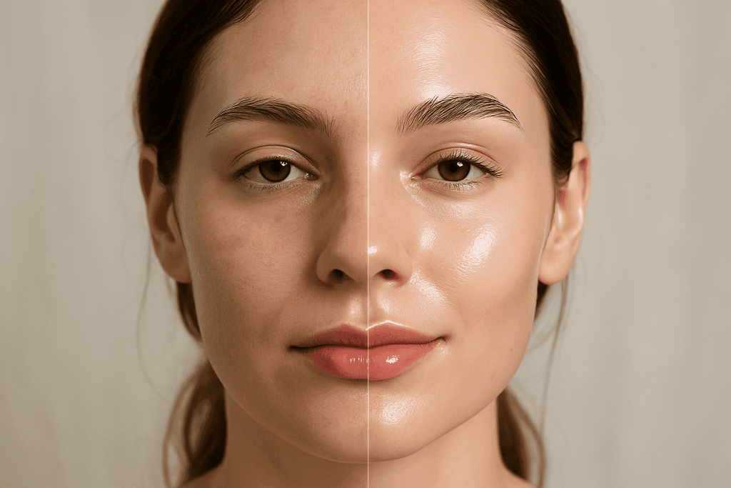 Before and after image showing the effects of Vela Lash Bar salicylic acid toner for balanced skin on a woman's face